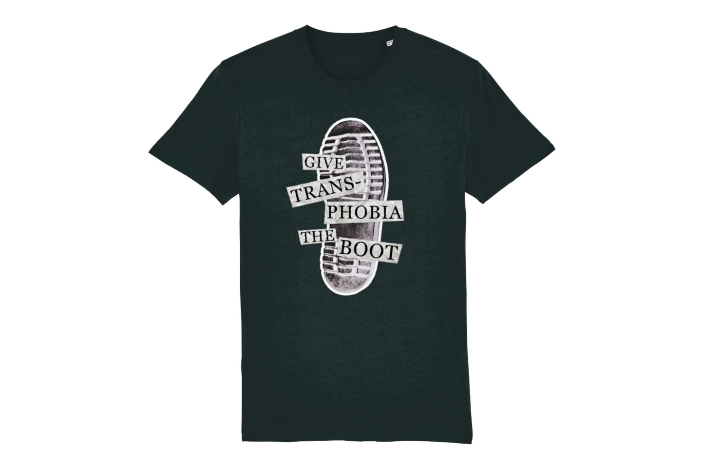 A mockup of the front of a trans pride t-shirt. The t-shirt is black and features an image of the bottom of a boot with text overlaid reading "give transphobia the boot".