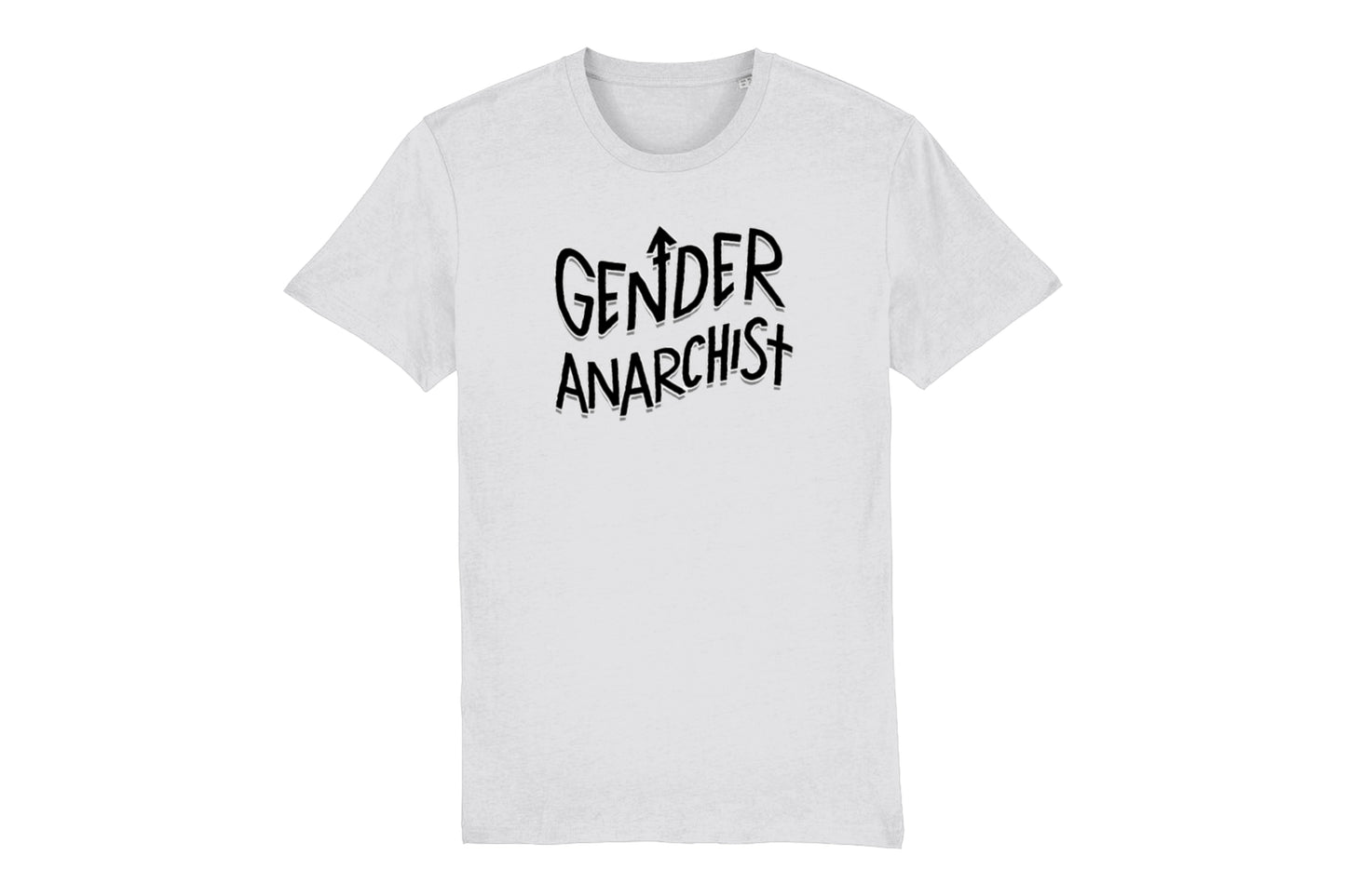 A mockup of the front of a white t-shirt featuring a trans pride illustration printed in black ink. Wavy text across the chest reads "Gender Anarchist".