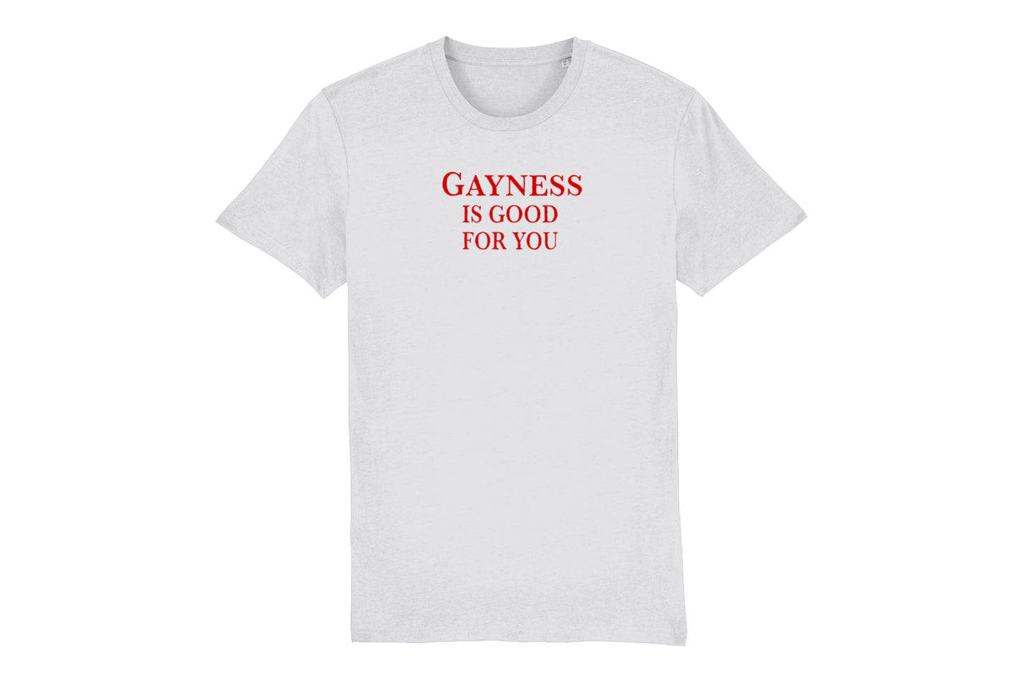A mockup of the front of a white gay pride t-shirt featuring red text reading "gayness is good for you"
