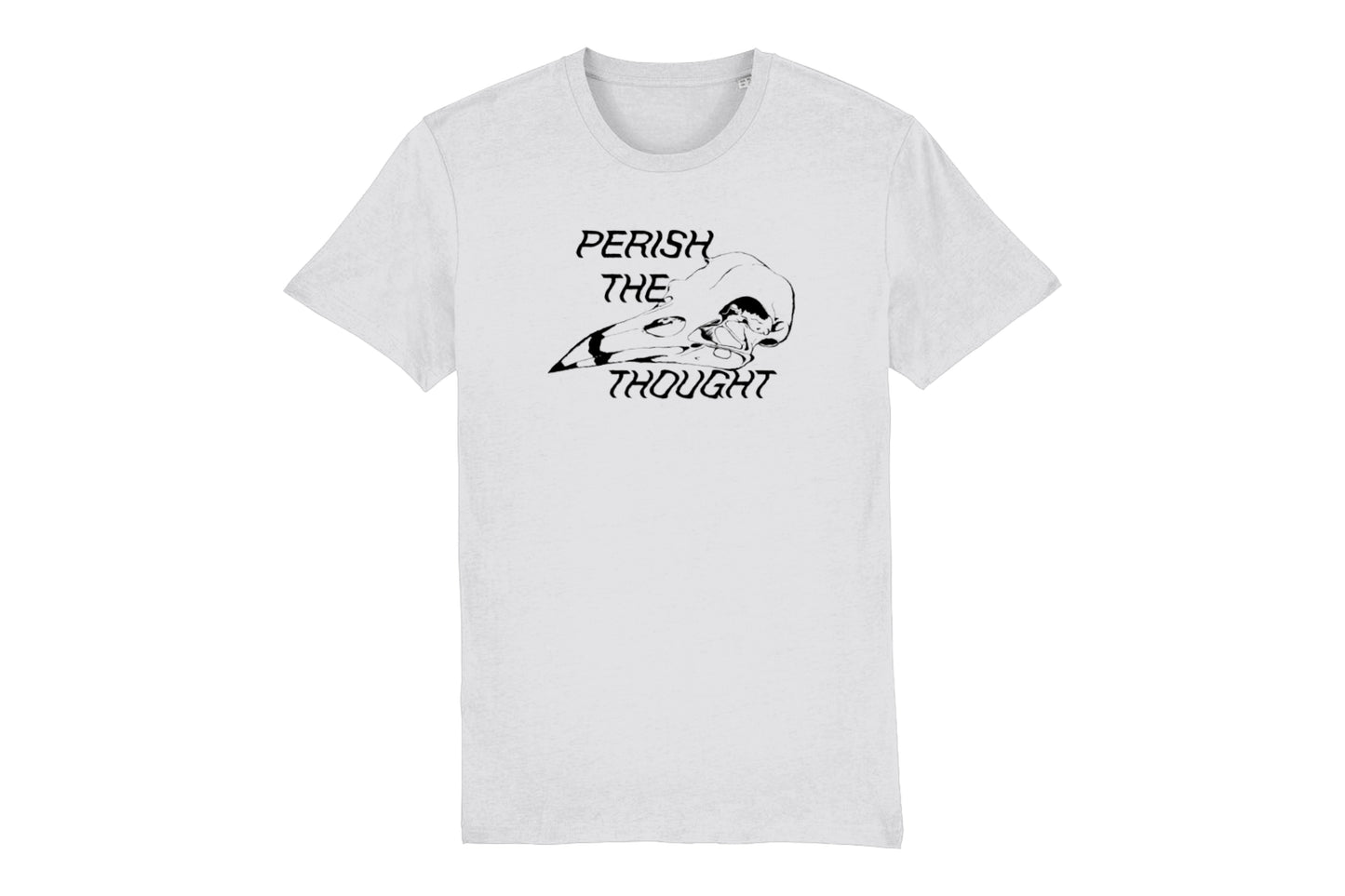 A mockup of the front of a white t-shirt featuring a bird skull illustration with text reading "perish the thought", all printed in black ink.
