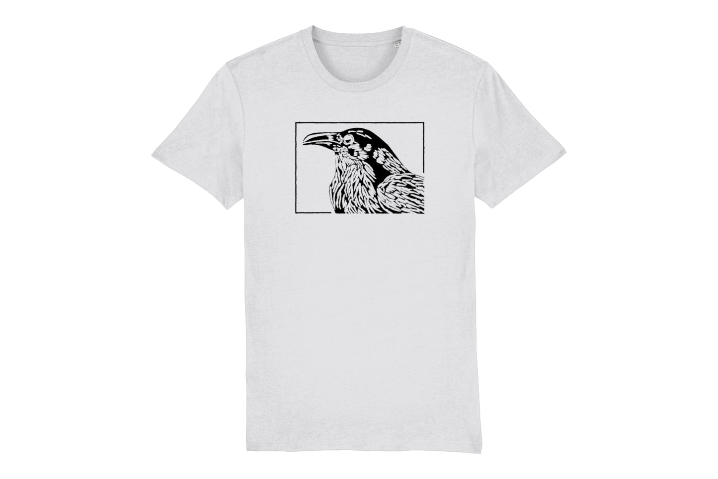 A mockup of the front of a white bird t-shirt featuring a lino print design of a crow/raven printed in black ink