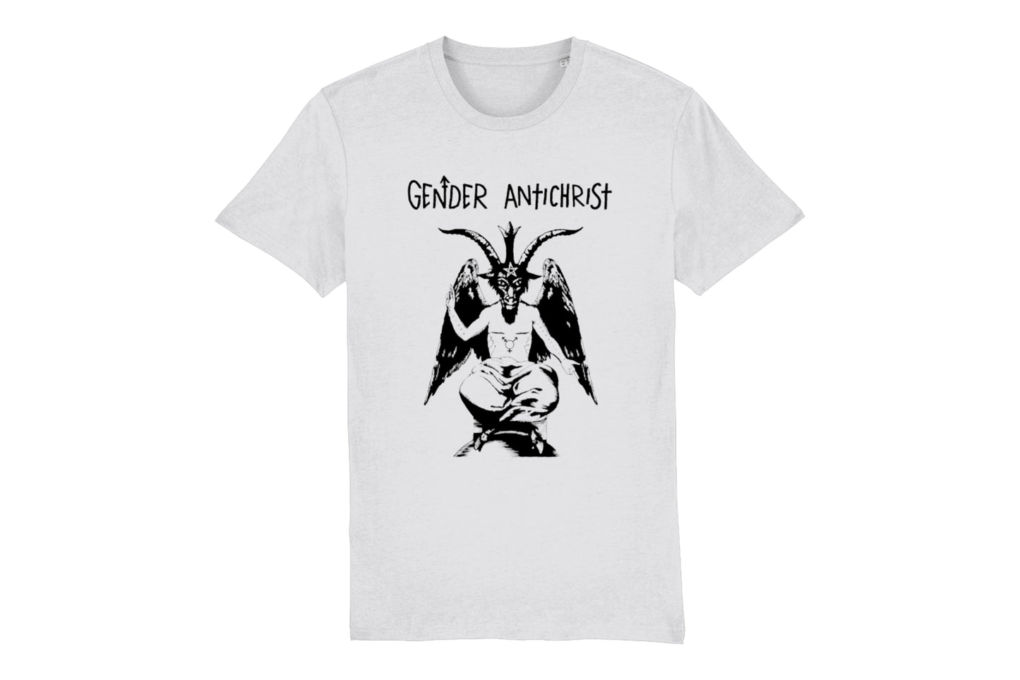 A mockup of the front of a white t-shirt featuring a trans pride design printed in black ink. There is an illustration of Baphomet with top surgery scars on their chest and the words "queer liberation" on their arms. Text above the design reads "Gender Antichrist".