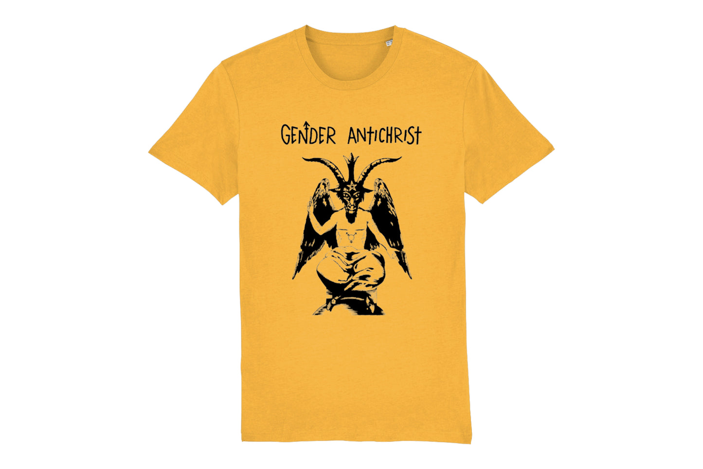 A mockup of the front of a yellow t-shirt featuring a trans pride design printed in black ink. There is an illustration of Baphomet with top surgery scars on their chest and the words "queer liberation" on their arms. Text above the design reads "Gender Antichrist".