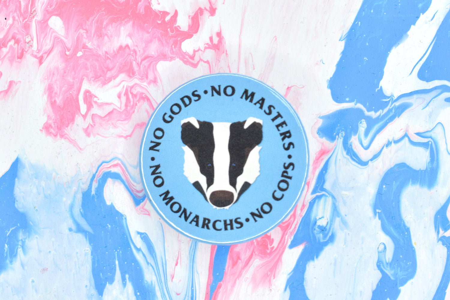 A circular pin badge with a light blue background and an illustration of a badger's face in the centre. There is black text around the outside of the badge reading "no gods, no masters, no monarchs, no cops".