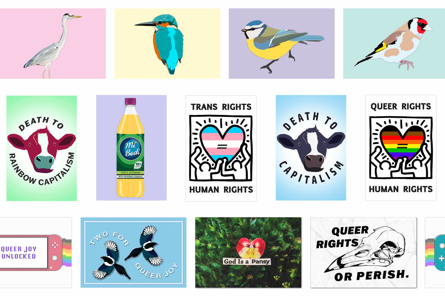 A grid of various digital print designs, including bird-themed prints, lgbtq+ pride designs and a "death to capitalism" cow design