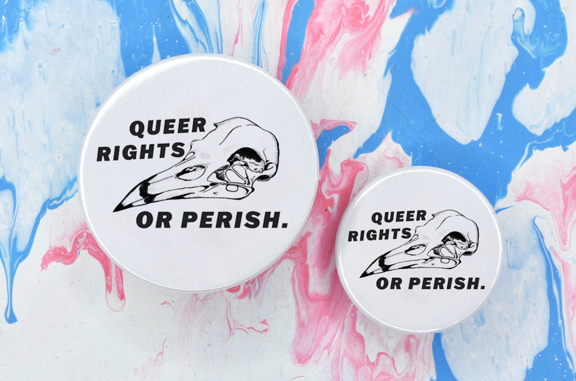 Two badges in sizes medium and small respectively, each featuring a black and white bird skull illustration with black text reading "queer rights or perish", all on a white background.