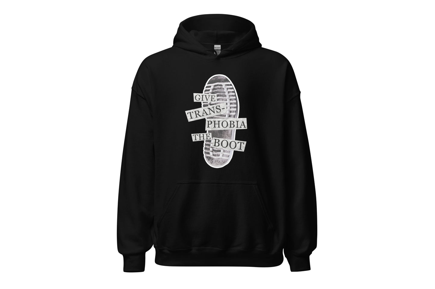 A mock-up of a black hoodie featuring a photograph of the bottom of a black combat boot. There is text overlaid on the photograph in a paper collage style which reads "give transphobia the boot".