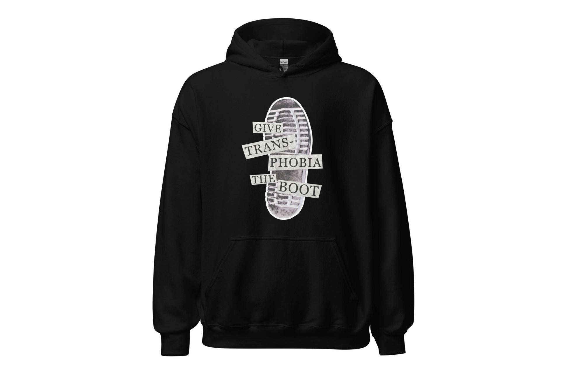 A mock-up of a black hoodie featuring a photograph of the bottom of a black combat boot. There is text overlaid on the photograph in a paper collage style which reads "give transphobia the boot".