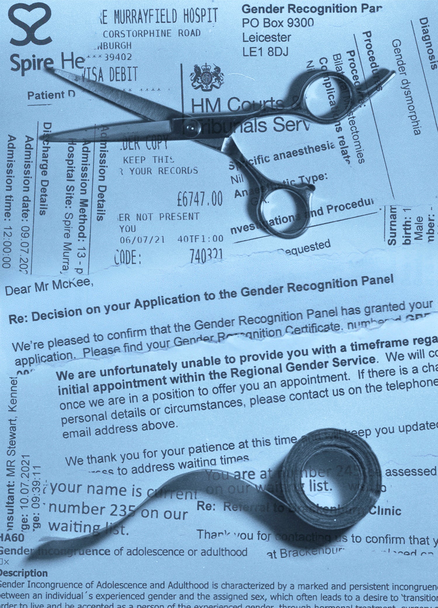 A collage featuring various letters and documents relating to Alli's transition, with an image of a pair of scissors and some scar tape overlaid