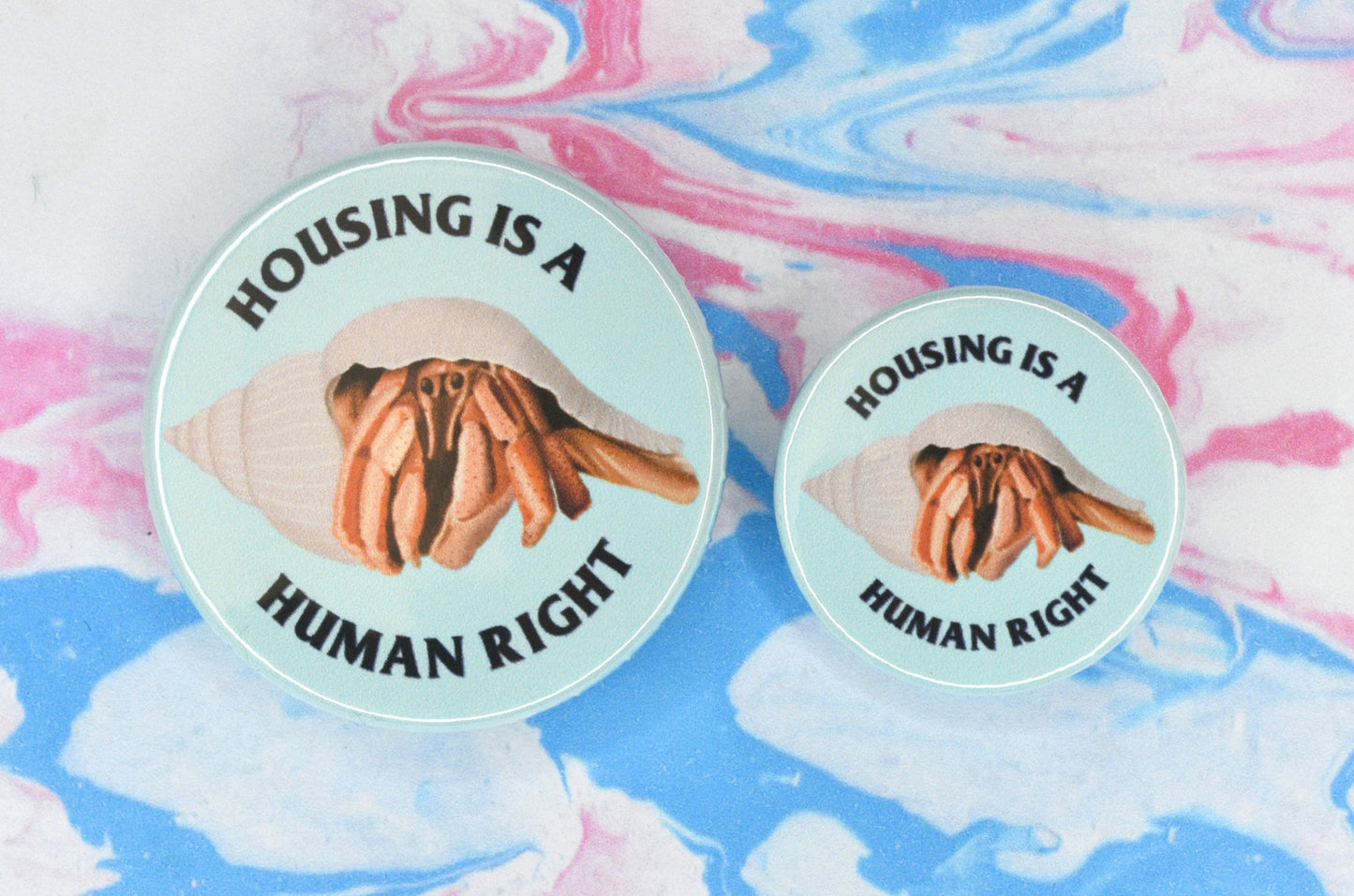 Two circular pin badges in sizes medium and small each with a light blue background and an illustration of an orange hermit crab in the centre. There is text wrapping around the outside of the illustration in a circle which reads "housing is a human right".