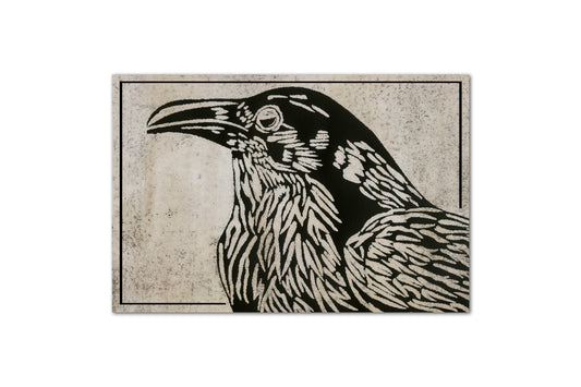 A black and beige illustration showing the side profile of a crow from the breast up. The background has a beige/light brown textured effect and there is a thin black border around the whole print.