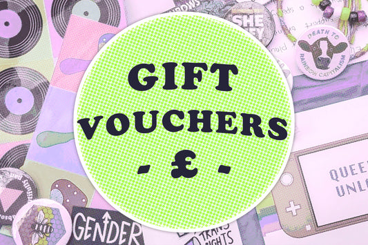 A graphic featuring a green circle with text reading "gift vouchers" with a pound sign below. The background is a collection of badges, prints, stickers and bracelets in with a pink filter applied.