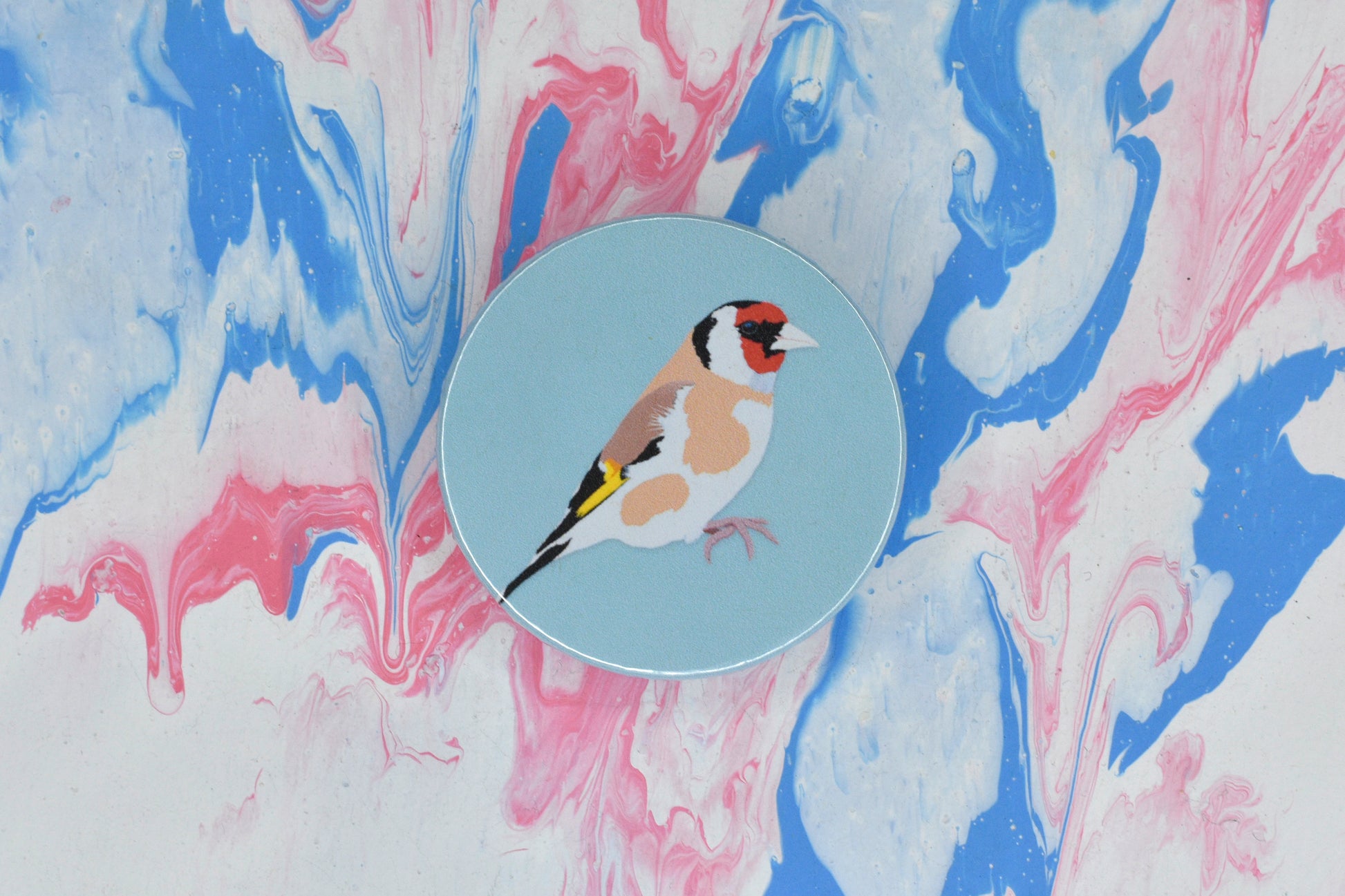 A circular pin badge with a light mint green background featuring an illustration of a goldfinch, a bird with brown and white feathers with red on its face and a small patch of yellow on its tail.