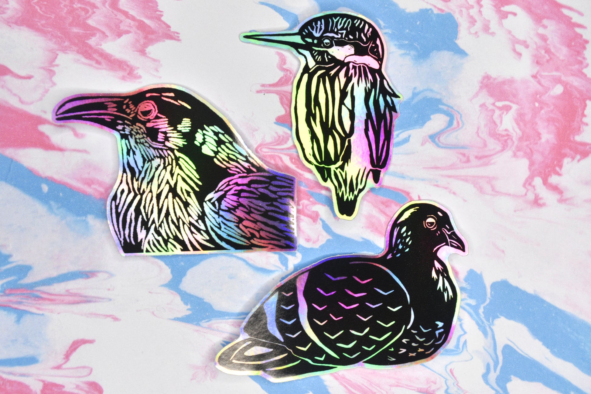 A collection of three bird stickers featuring illustrations of a crow, kingfisher and pigeon in black ink on an iridescent holographic background. The holographic effect produces a metallic rainbow of colour across the surface of the sticker.