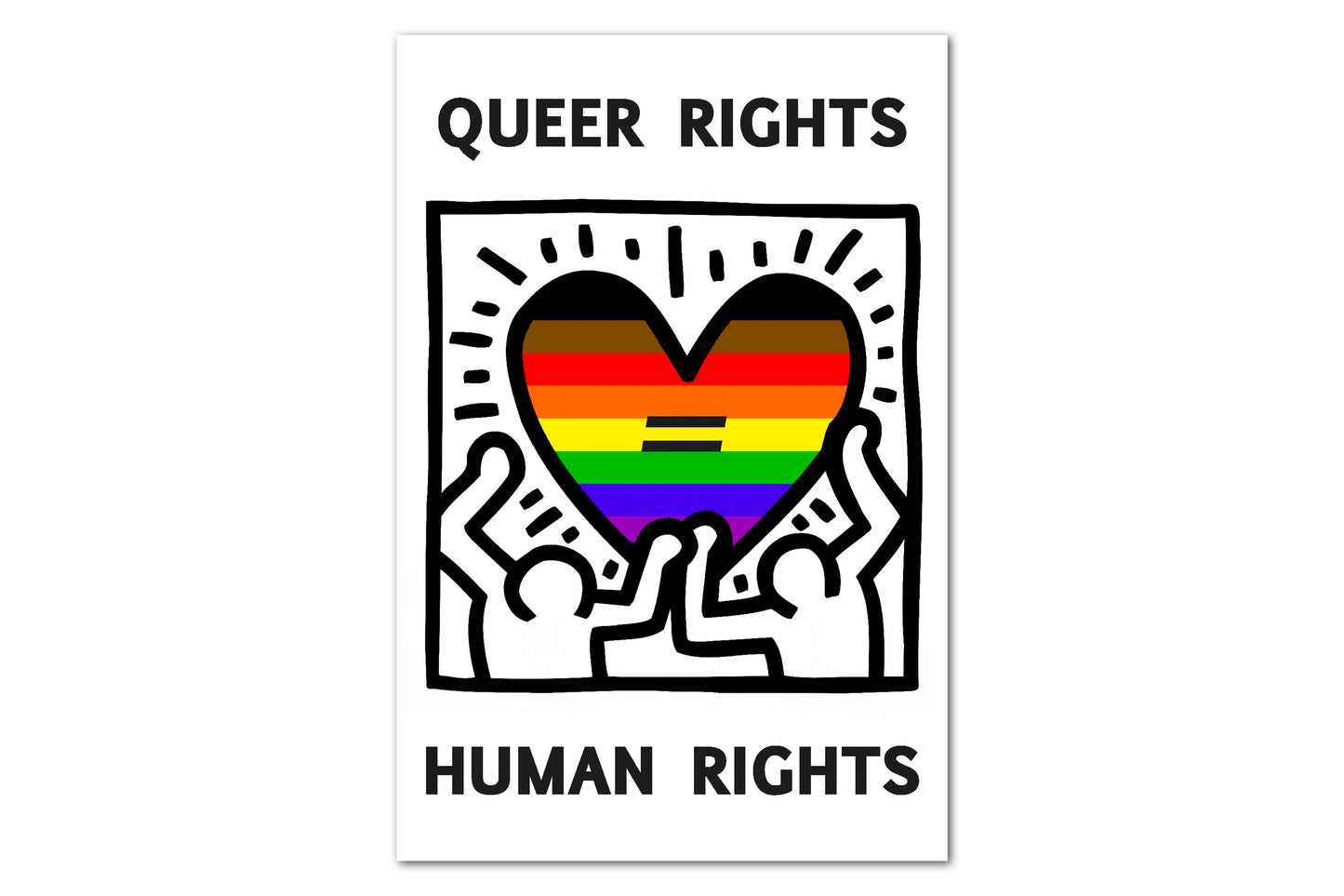 A print design depicting two figures holding up a heart which is filled with bands of colour to make up the inclusive eight-stripe rainbow pride flag. There is text at the top and bottom, with an equals sign in the middle of the heart. Altogether this reads "queer rights equal human rights".