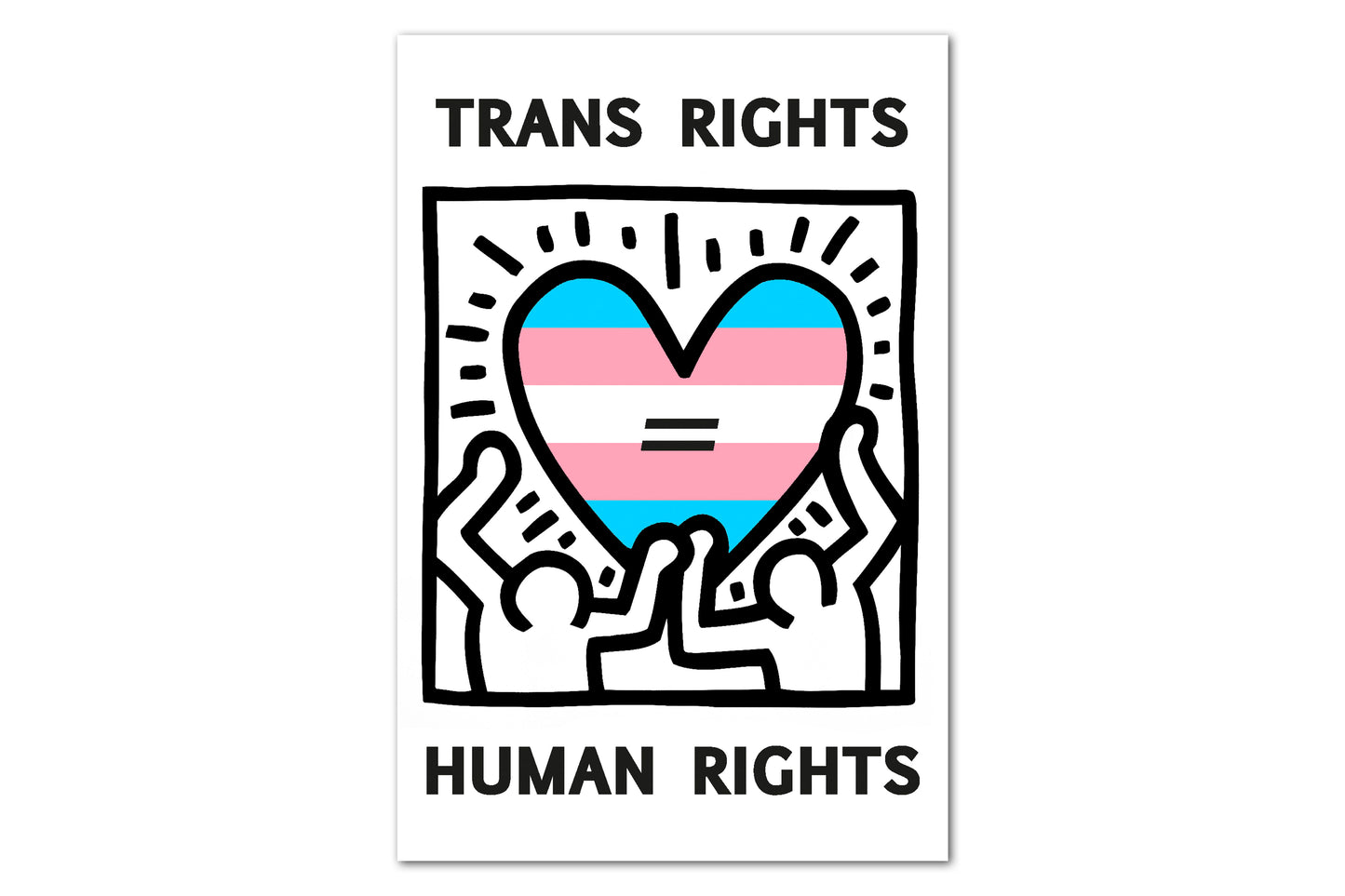 A print design depicting two figures holding up a heart which is filled with bands of colour to make up a trans pride flag. There is text at the top and bottom, with an equals sign in the middle of the heart. Altogether this reads "trans rights equal human rights".