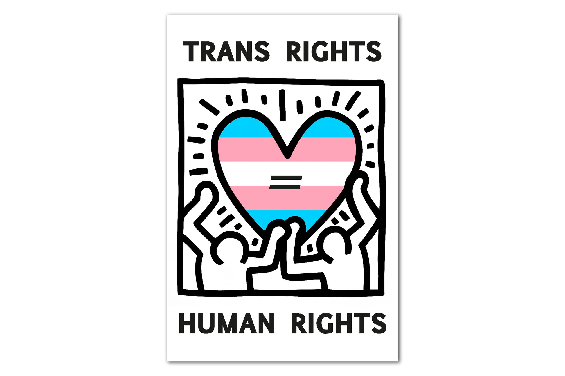 A print design depicting two figures holding up a heart which is filled with bands of colour to make up a trans pride flag. There is text at the top and bottom, with an equals sign in the middle of the heart. Altogether this reads "trans rights equal human rights".