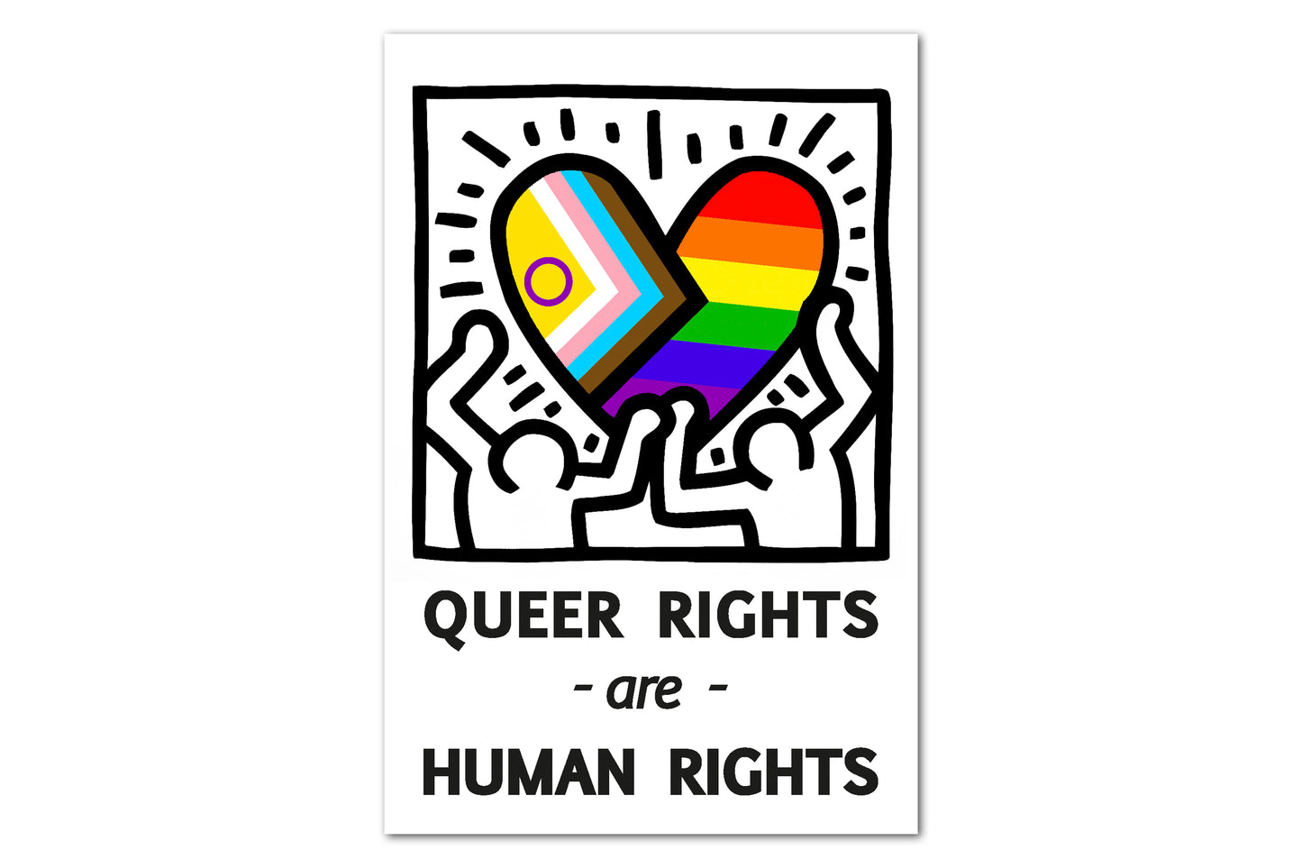 A print design depicting two figures holding up a heart which is filled with bands of colour that make up the progress pride flag and has text underneath reading "queer rights are human rights".