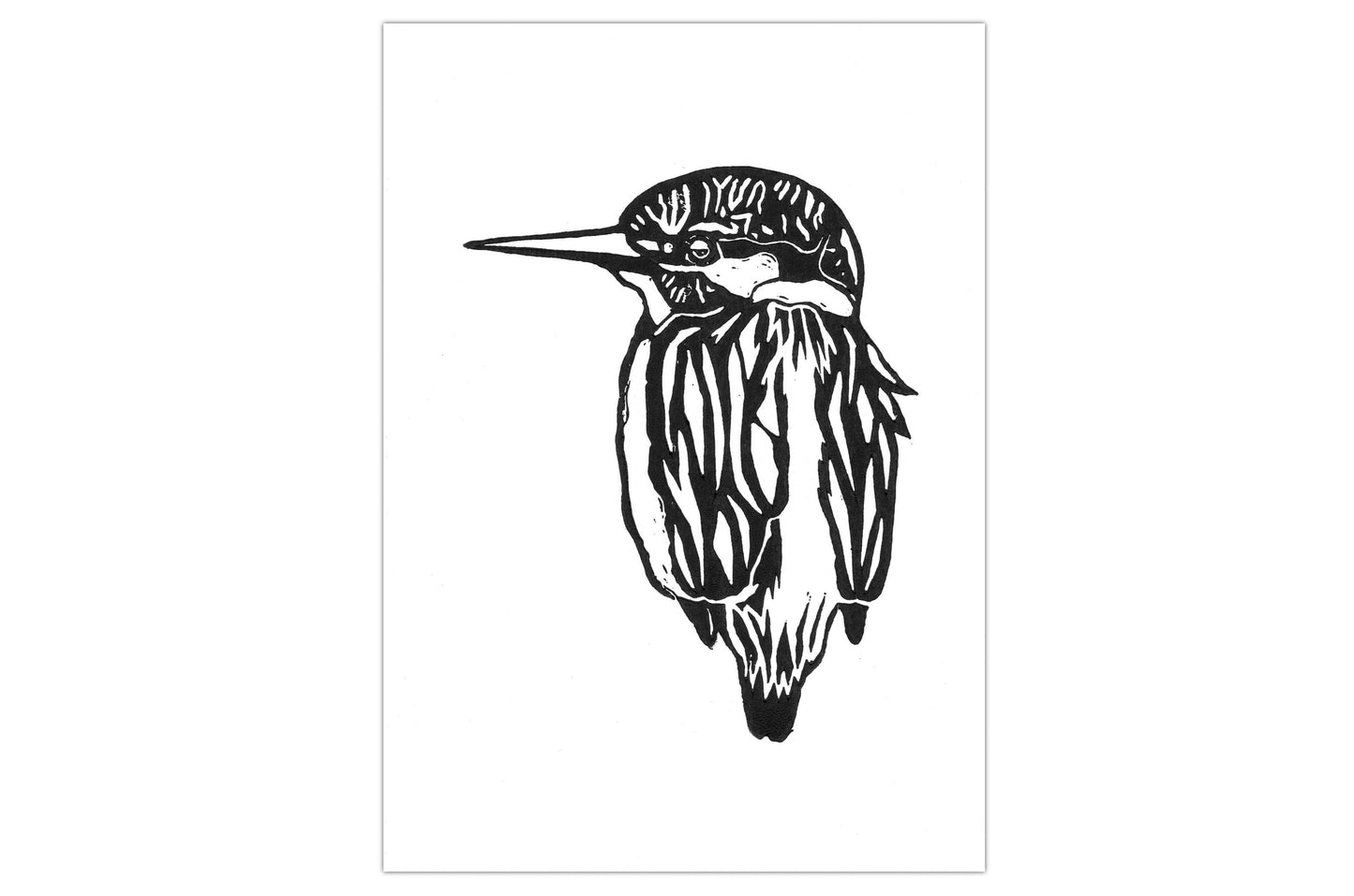 A lino print of a kingfisher printed in black ink on white paper.