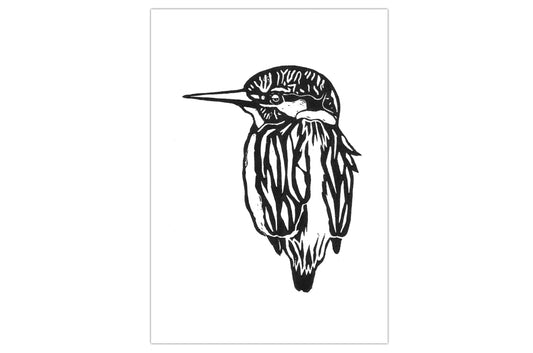 A lino print of a kingfisher printed in black ink on white paper.