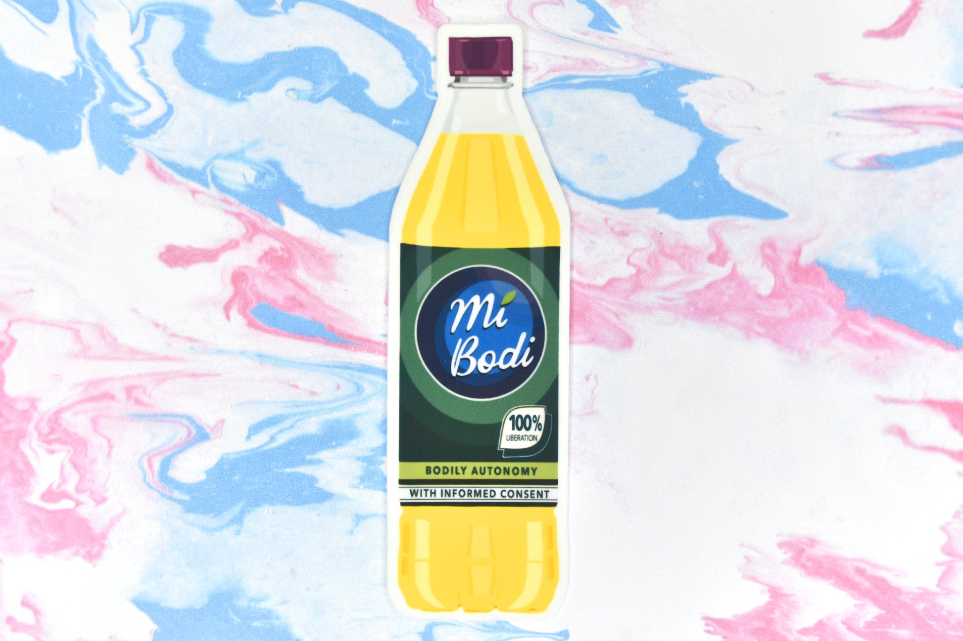 A vinyl sticker featuring a leftist, feminist design. It depicts a bottle of juice with the label reading "Mi Bodi". Additional text reads "Bodily autonomy with informed consent" and "100% liberation".
