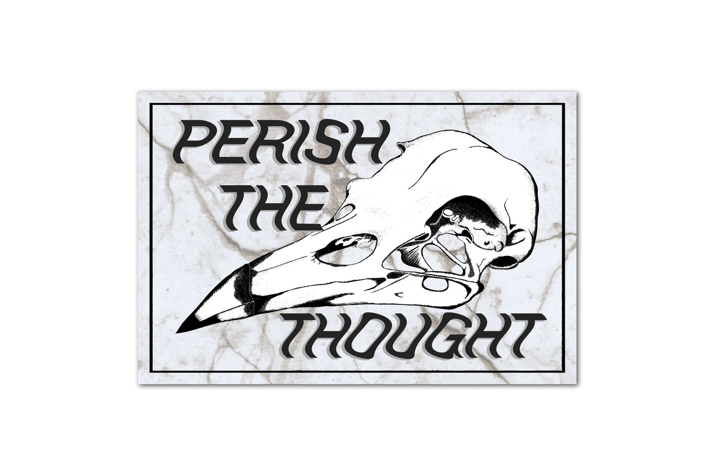 A black and white illustration of a bird skull with text surrounding it that reads "perish the thought". The background of the print is an off-white colour and has a cracked stone/marble effect. There is a thin black border around the entire print.