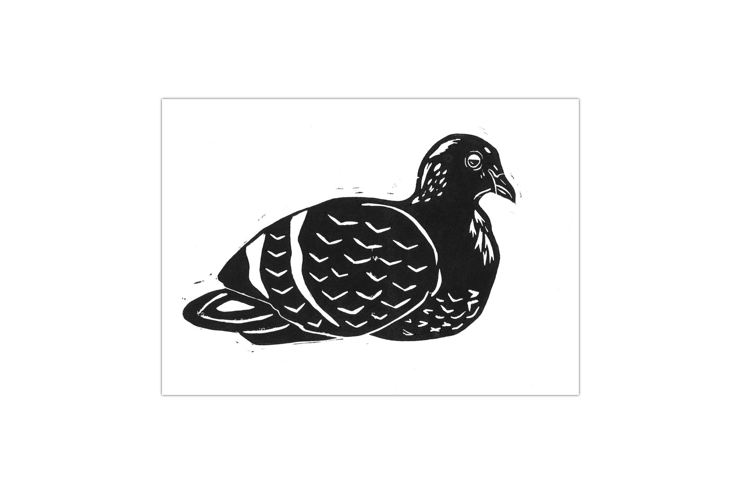 A lino print of a pigeon in black ink on white card.