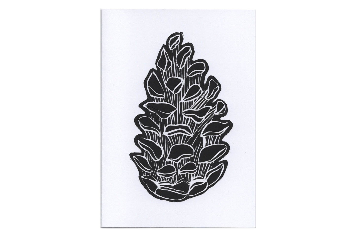 A lino print of a pine cone in black ink on white card.