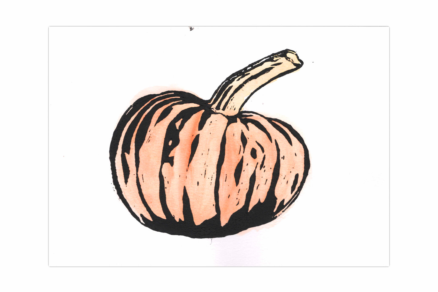 A lino print of a pumpkin, printed in black ink over an orange watercolour section on white card.