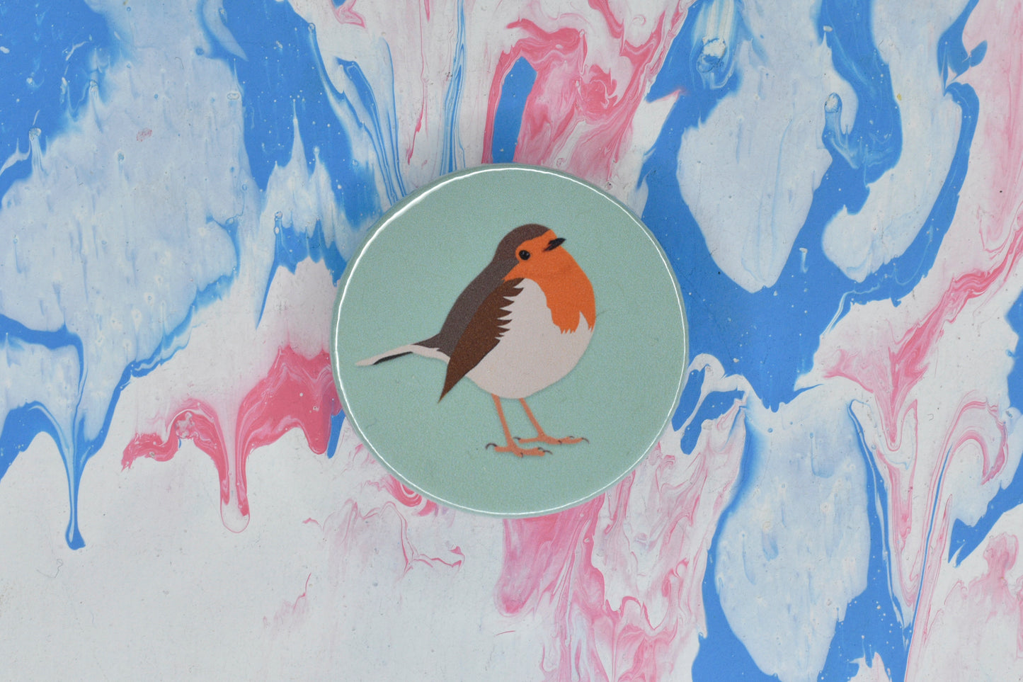 A circular pin badge with a pastel green background featuring an illustration of a robin, a bird with brown and white feathers and an orange/red breast.