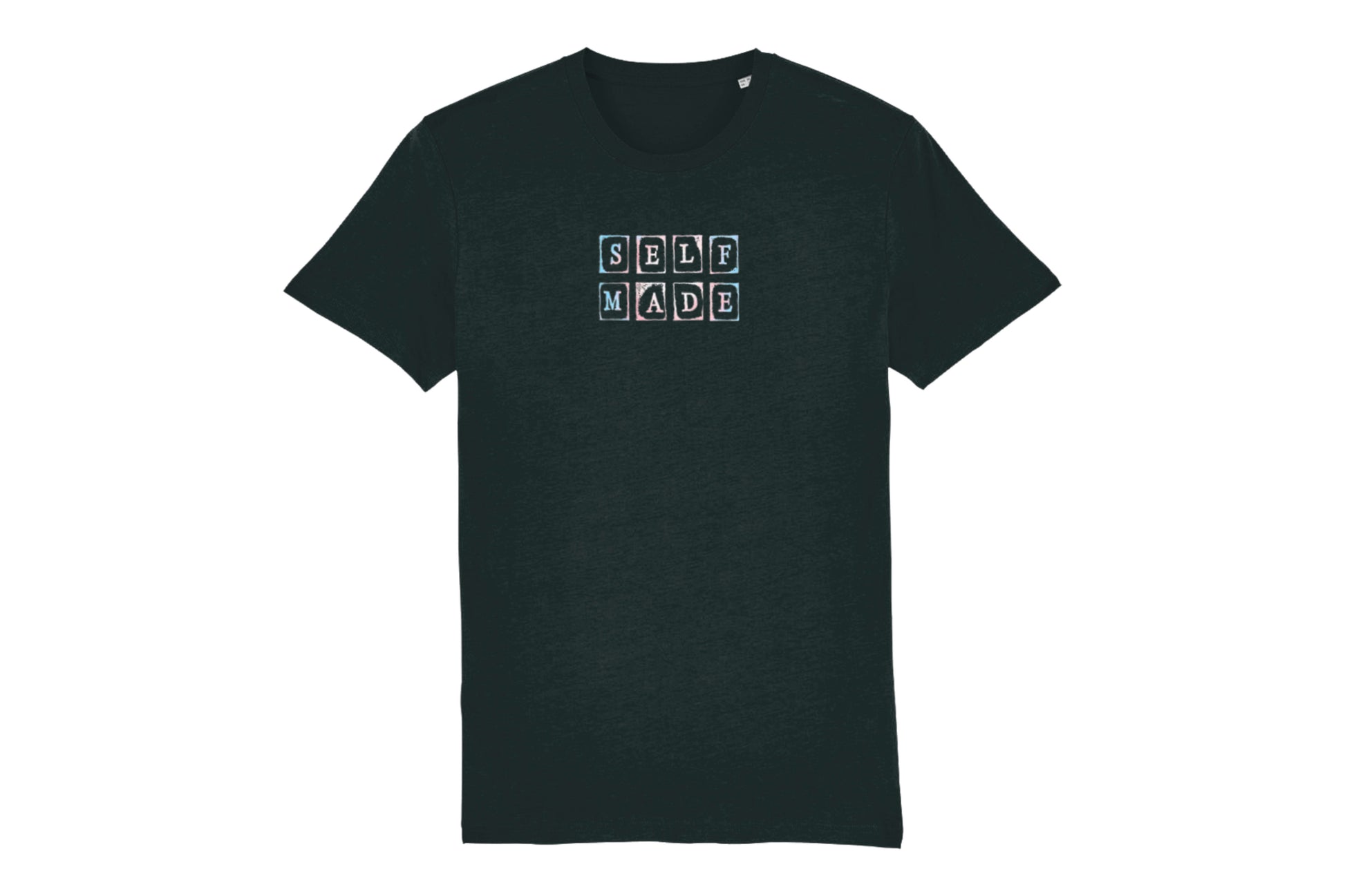 A mock-up of the front of a black t-shirt featuring a trans pride design. A hand-stamped font in pink, blue and white tie dye effect spells out "Self Made"