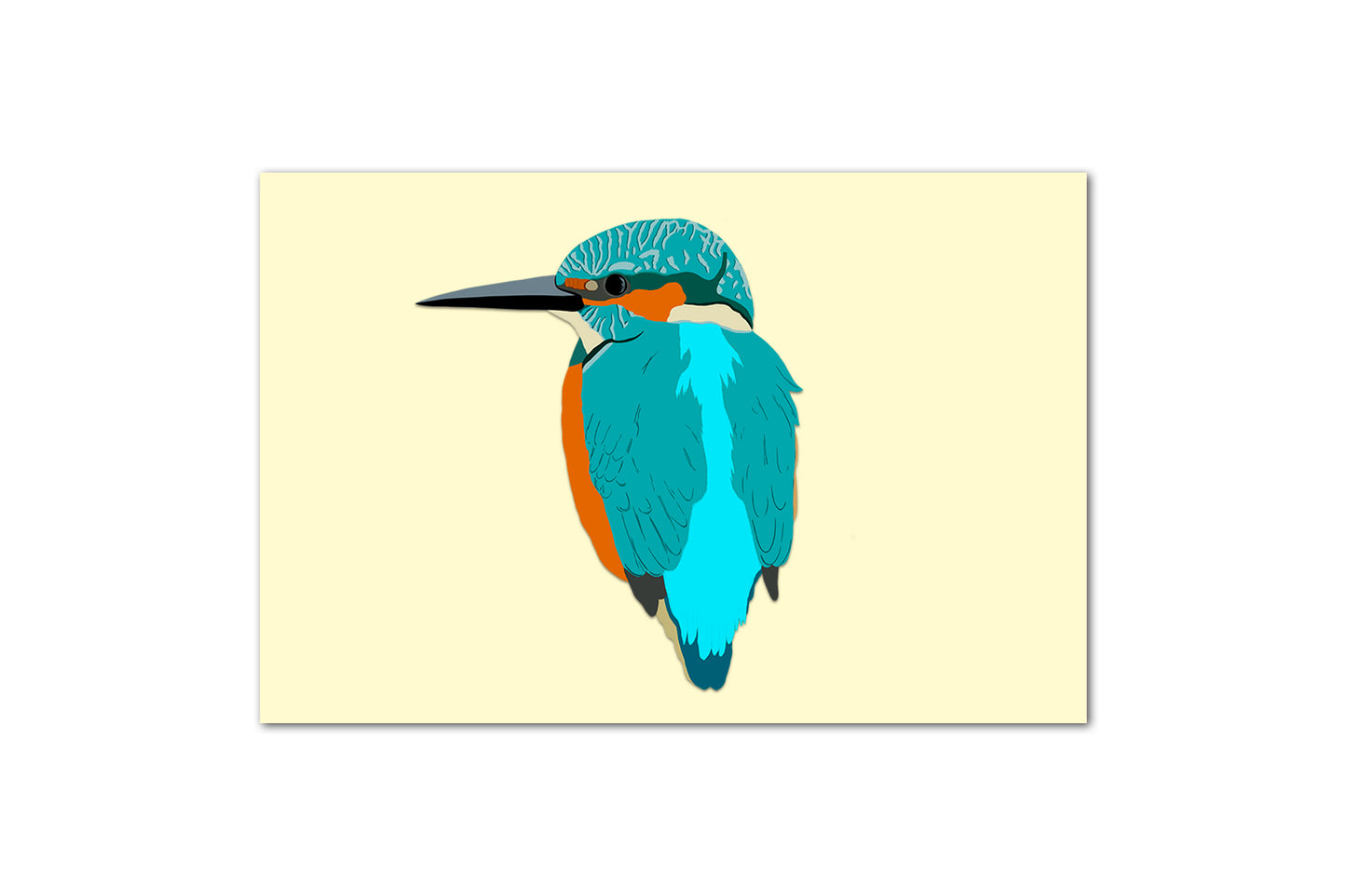 A digital illustration of a kingfisher on a pastel yellow background