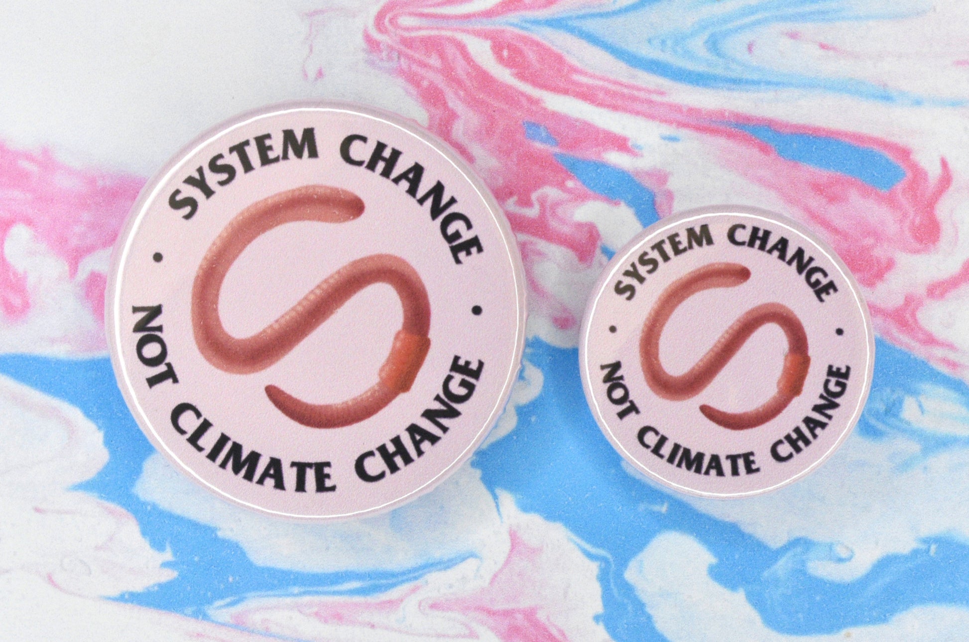 Two circular pin badges in sizes medium and small, each with a pink background and an illustration of a pink earthworm in the centre with text in a circle around it reading "system change, not climate change".